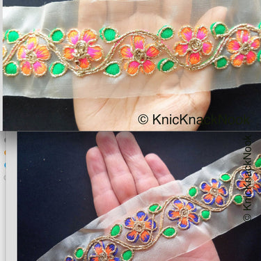 Gold Sheer Tissue Fabric Trim With Embroidered Pink / Blue, Orange, Green & Gold Flowers